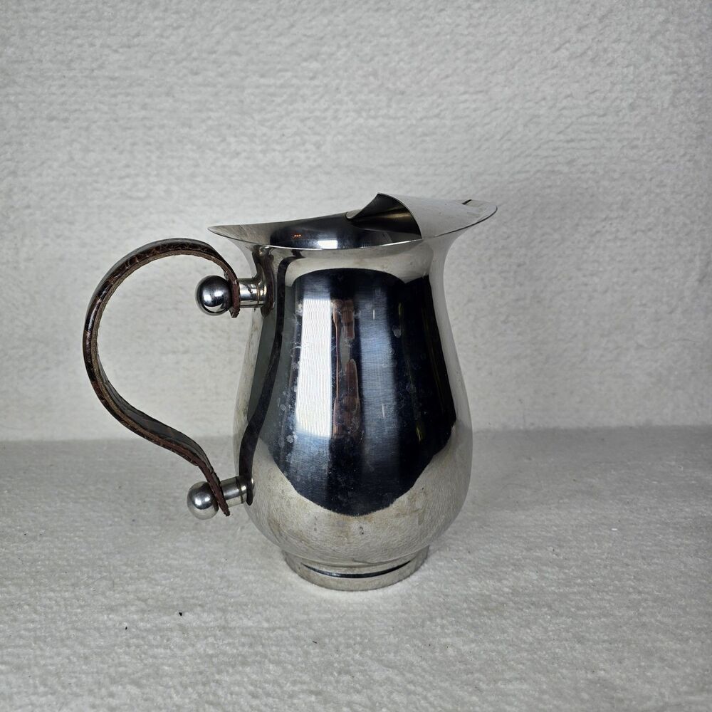 Vintage Metal Pitcher With Removable Leather Handle Silver Nickel Plated Bassett